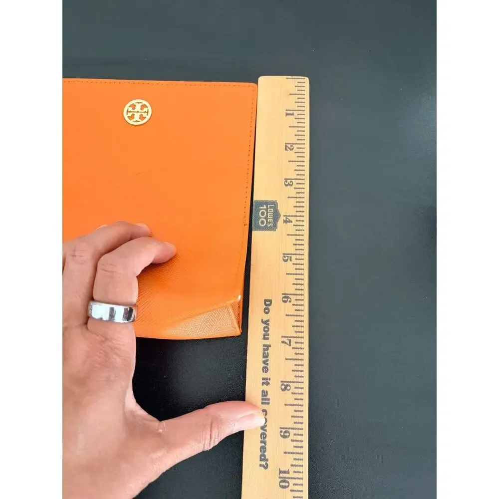 Tory Burch Orange Saffiano Leather Folding Eyeglass Sunglasses Case Gold Logo